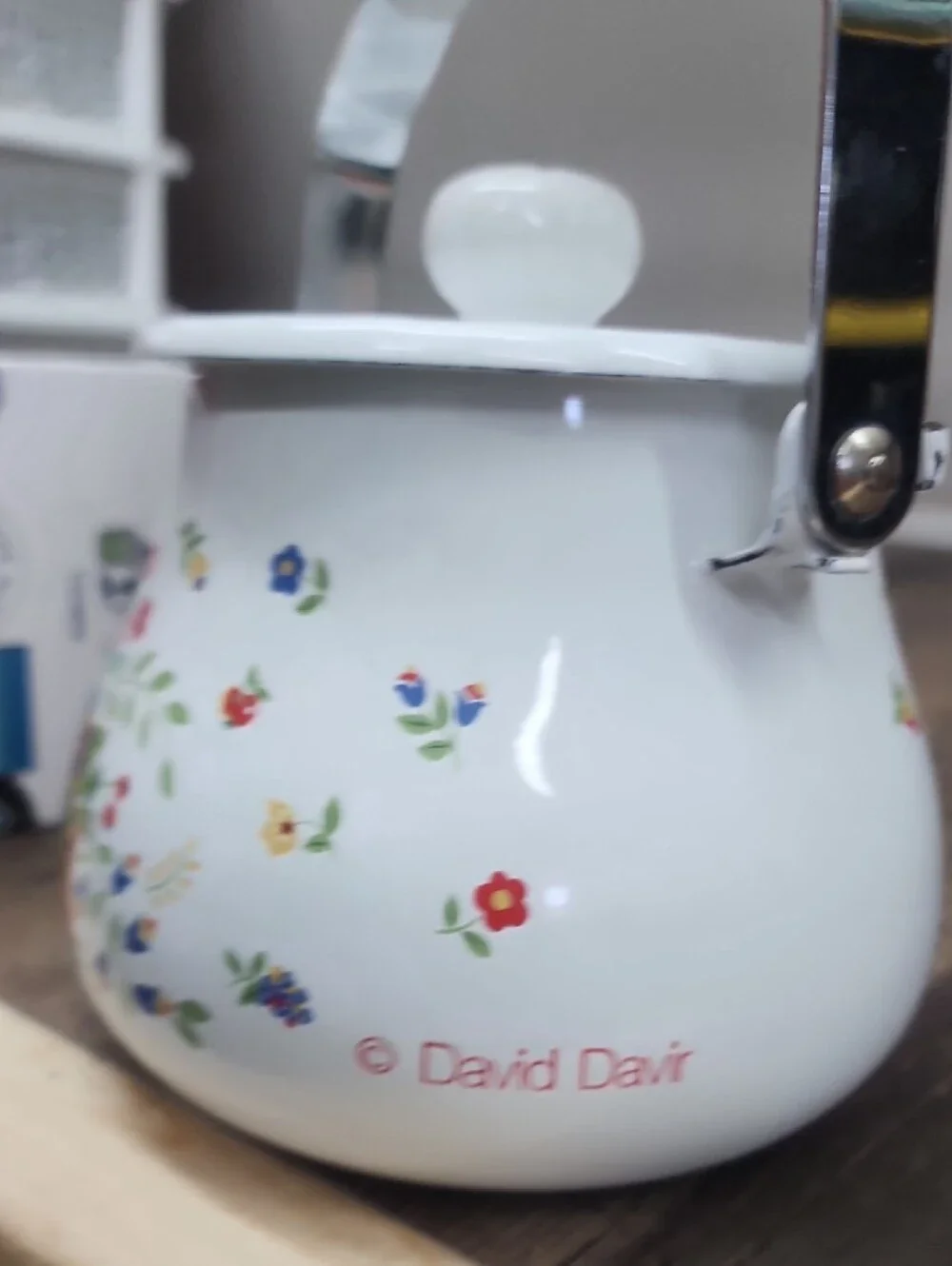 White Floral Enamel Teapot with Colorful Garden Pattern